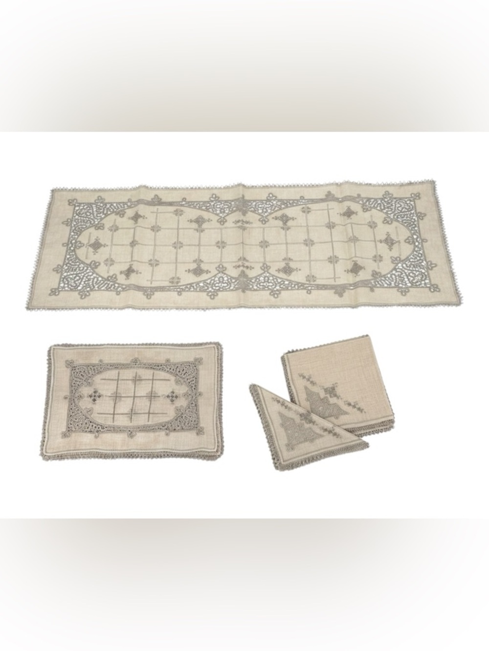 Vintage Moseley's Embroidered Linen Lace Table Set 17pc Tan Beige